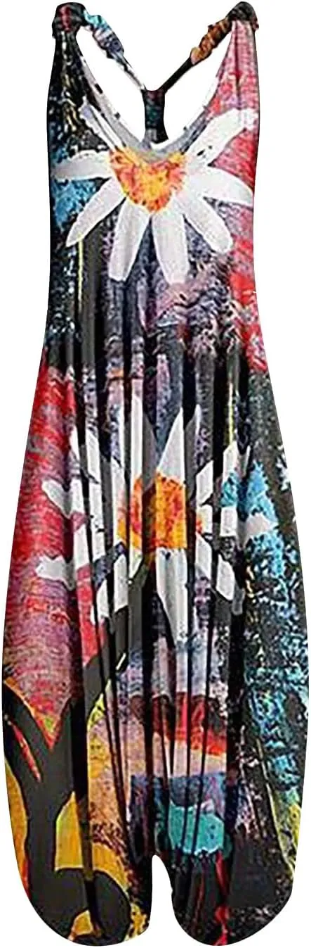 2025 Women Boho Overalls Plus Size Summer Fashion Jumpsuit Loose Fit Rompers Floral Printed Baggy Bohemia Harem Pants