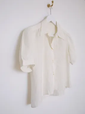 60s vintage light linen blouse embroidered short puffy sleeves