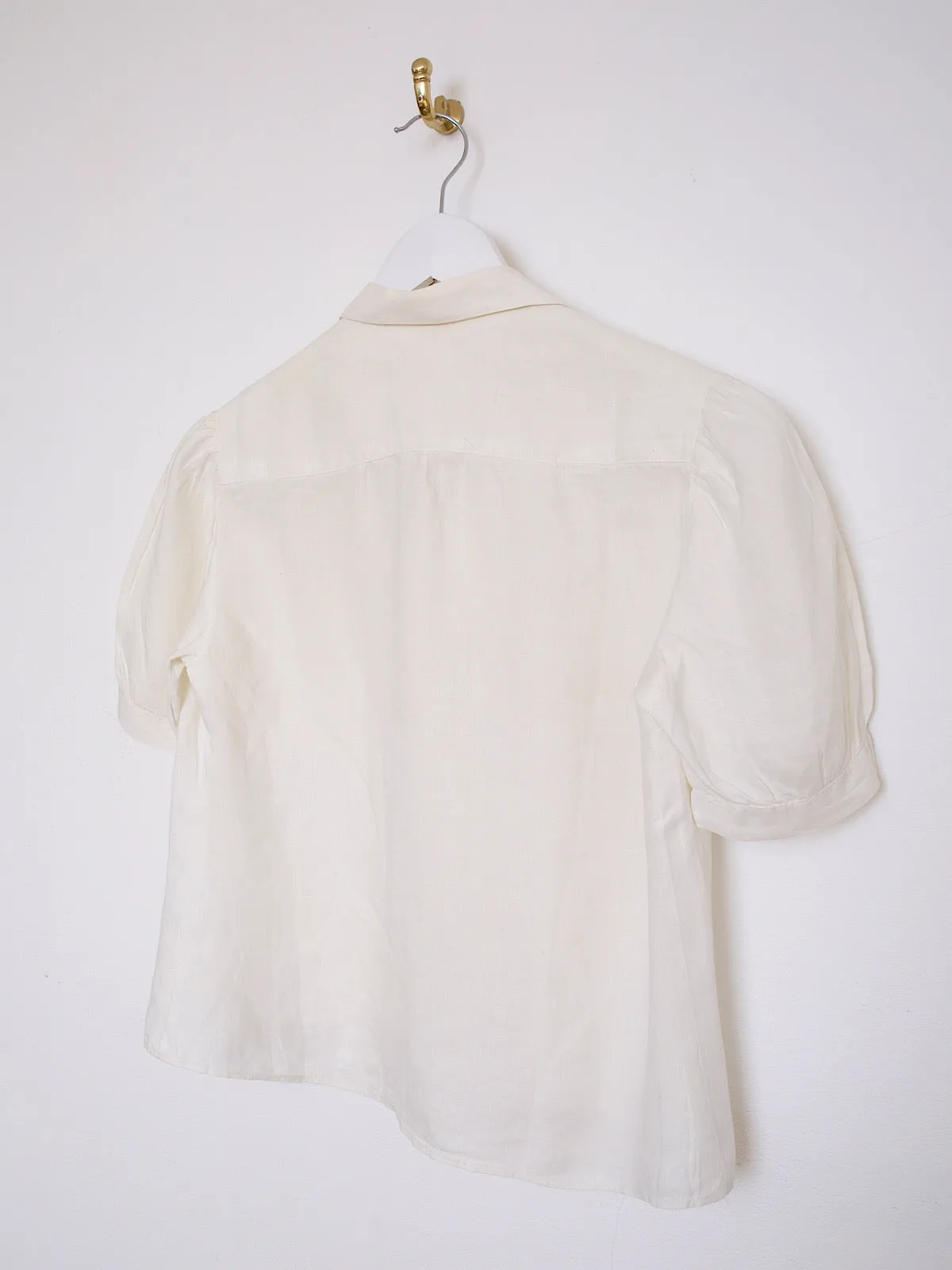 60s vintage light linen blouse embroidered short puffy sleeves
