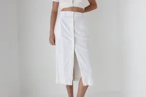 80s White Cotton Linen Button Front Skirt