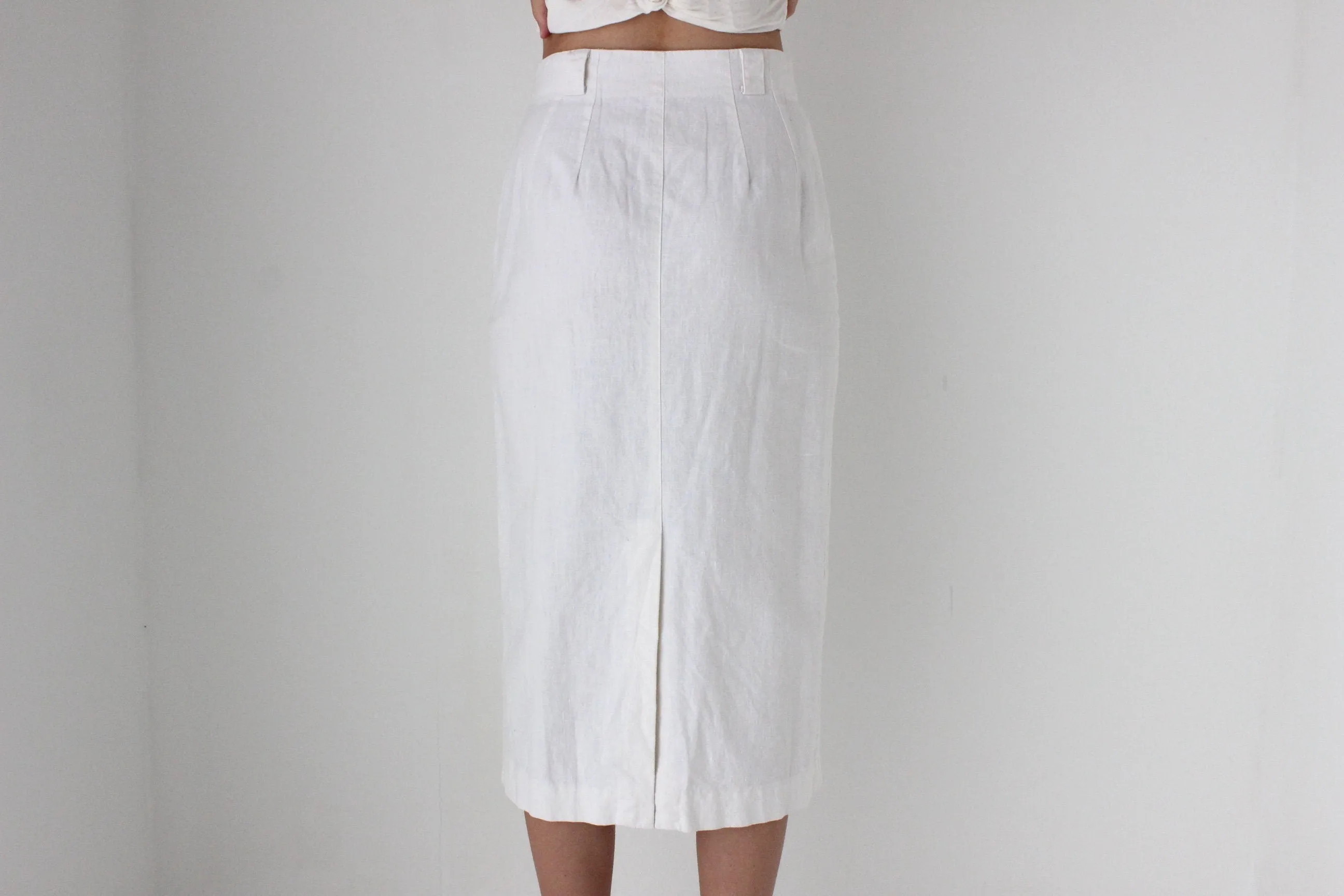 80s White Cotton Linen Button Front Skirt