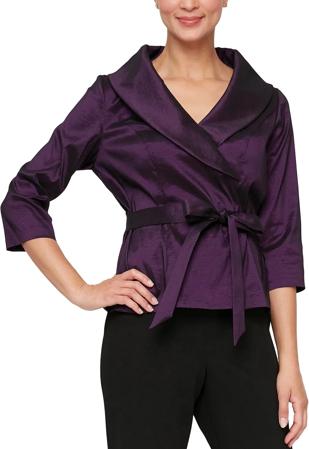 Alex Evenings Women's Stretch Taffeta 3/4 Sleeve Formal Blouse, Special Occasion Dress Shirt