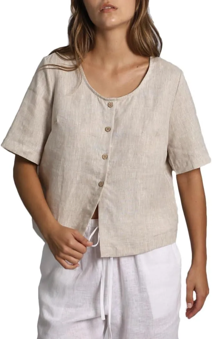 Amazhiyu Womens 100% Linen Short Sleeve Blouse Square Neck Button Down Crop Tops