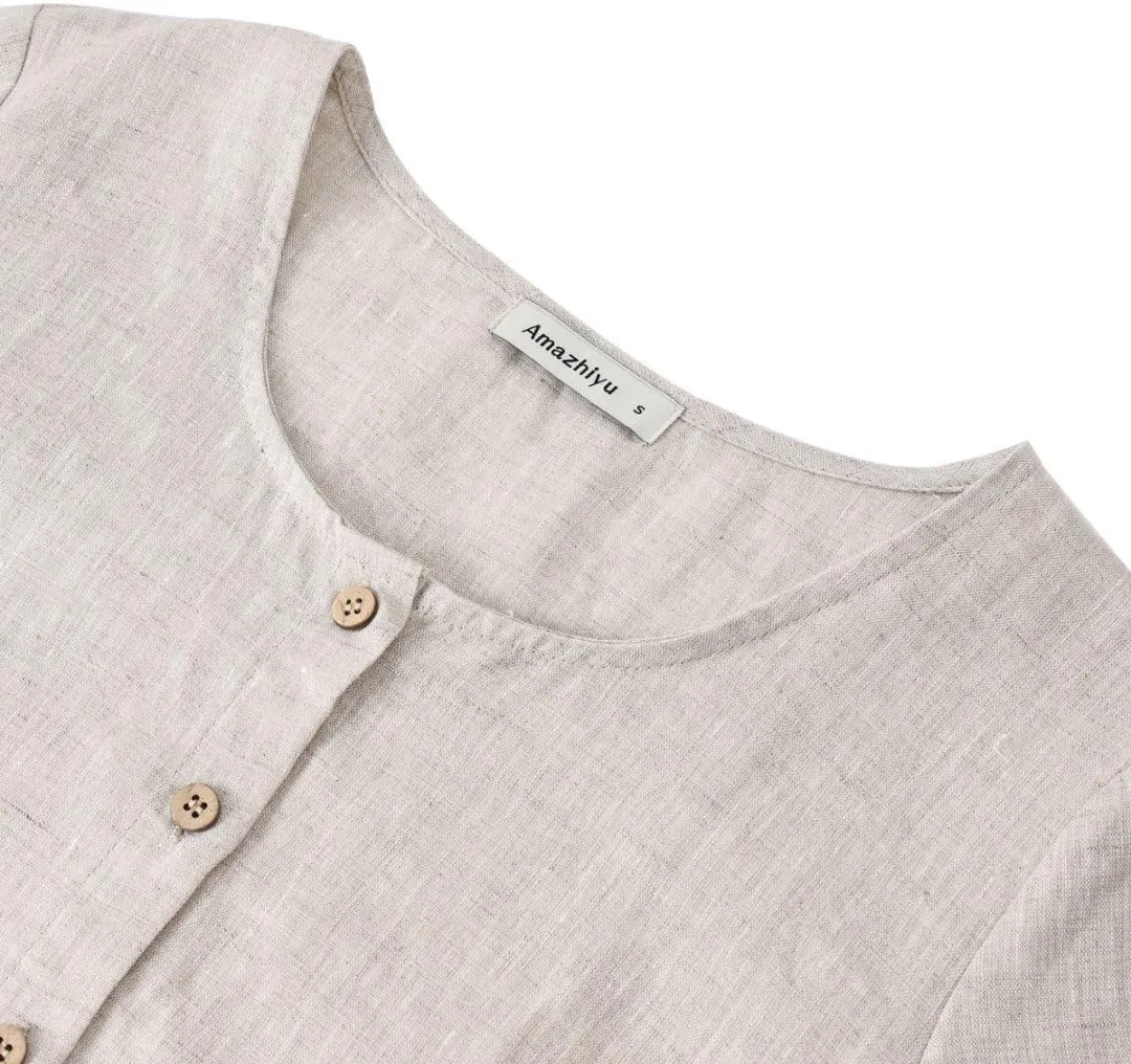 Amazhiyu Womens 100% Linen Short Sleeve Blouse Square Neck Button Down Crop Tops