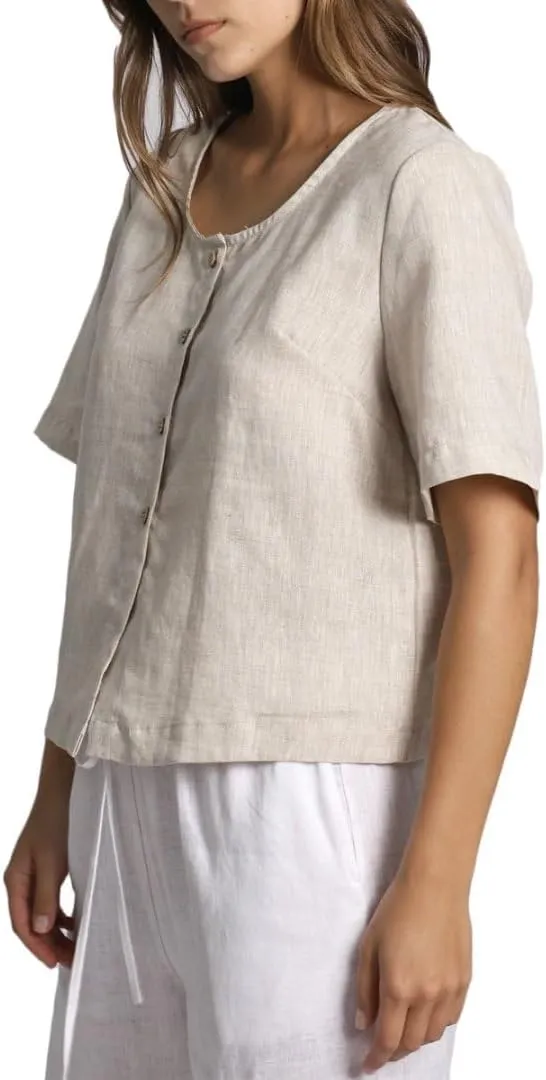 Amazhiyu Womens 100% Linen Short Sleeve Blouse Square Neck Button Down Crop Tops