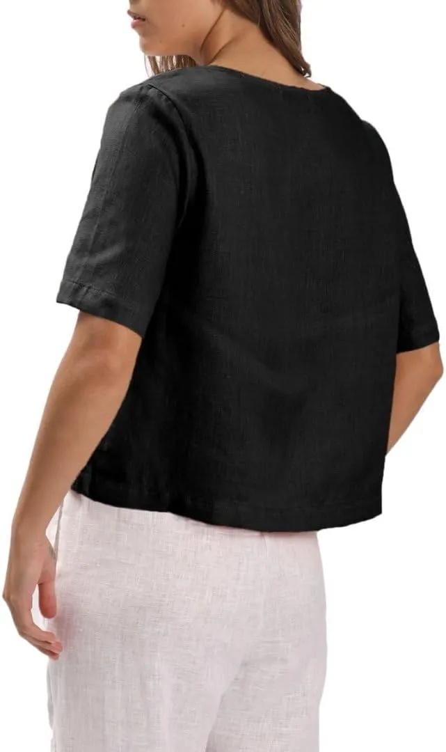 Amazhiyu Womens 100% Linen Short Sleeve Blouse Square Neck Button Down Crop Tops