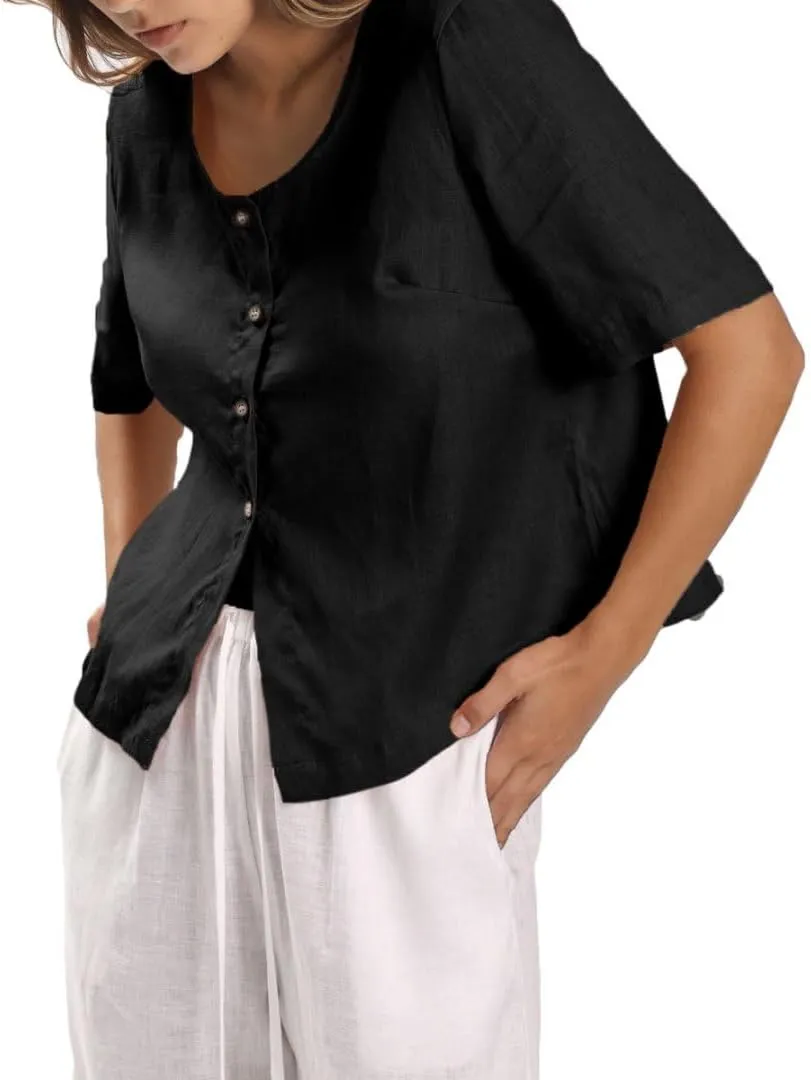 Amazhiyu Womens 100% Linen Short Sleeve Blouse Square Neck Button Down Crop Tops