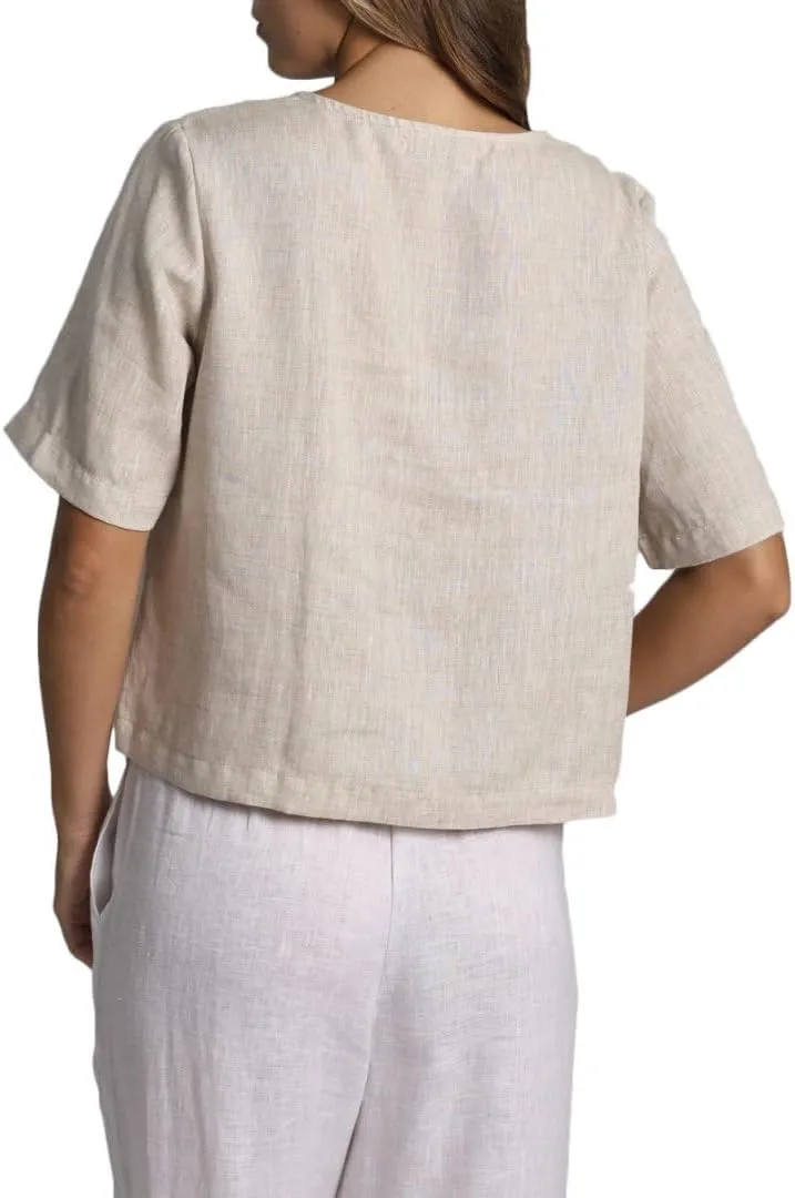 Amazhiyu Womens 100% Linen Short Sleeve Blouse Square Neck Button Down Crop Tops