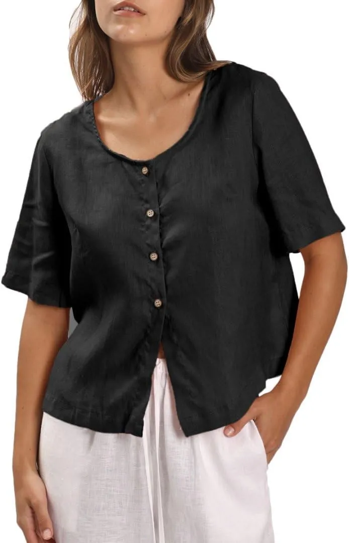 Amazhiyu Womens 100% Linen Short Sleeve Blouse Square Neck Button Down Crop Tops