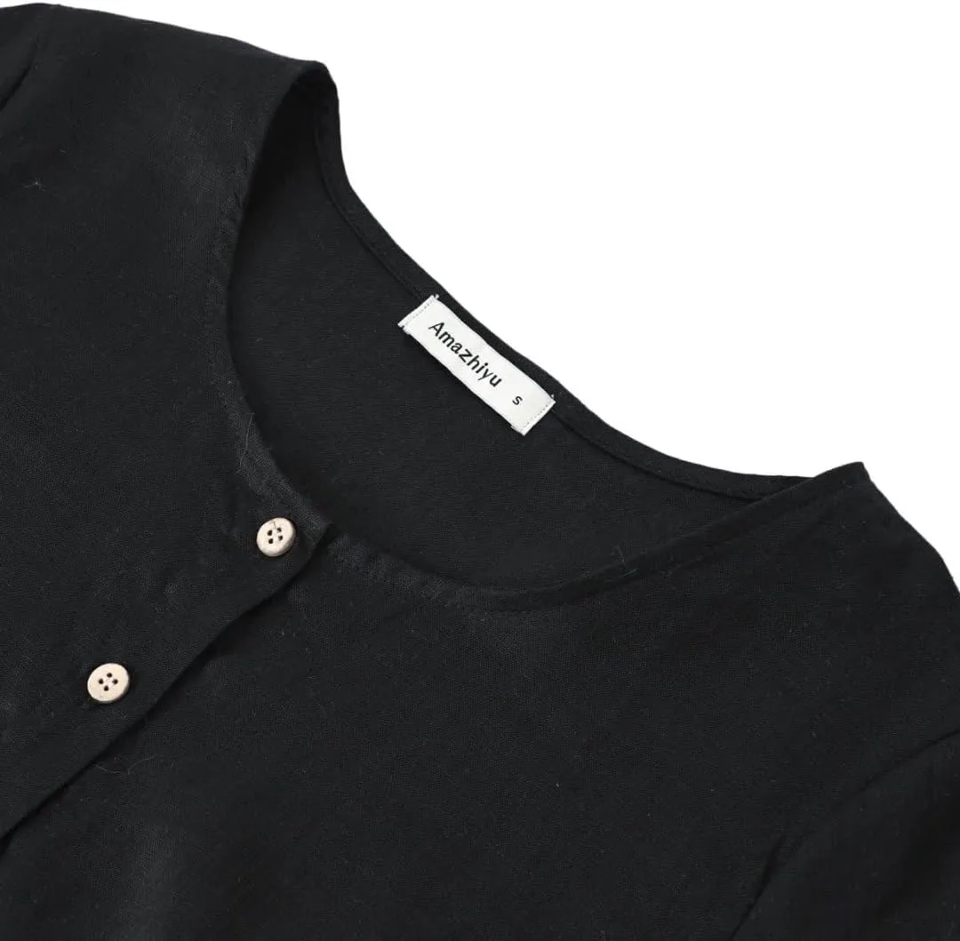 Amazhiyu Womens 100% Linen Short Sleeve Blouse Square Neck Button Down Crop Tops