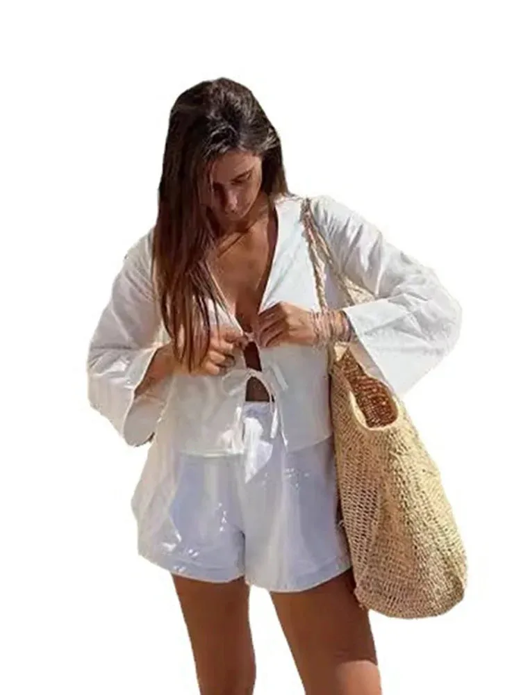 Arabelle - Elegant Lace-Up V-Neck Blouse for Women