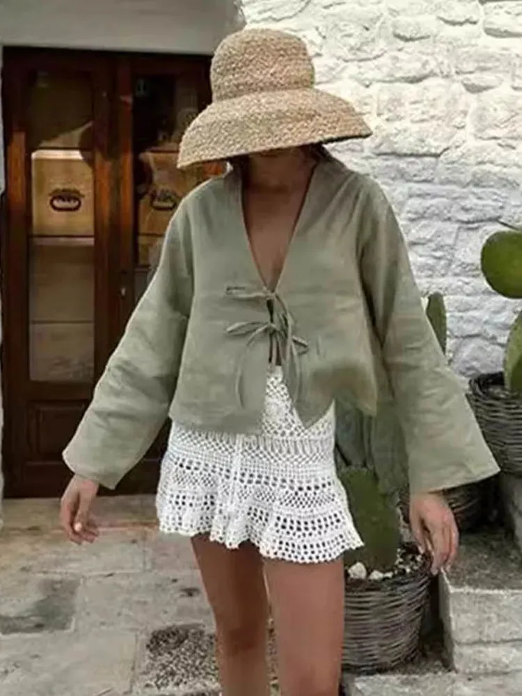 Arabelle - Elegant Lace-Up V-Neck Blouse for Women