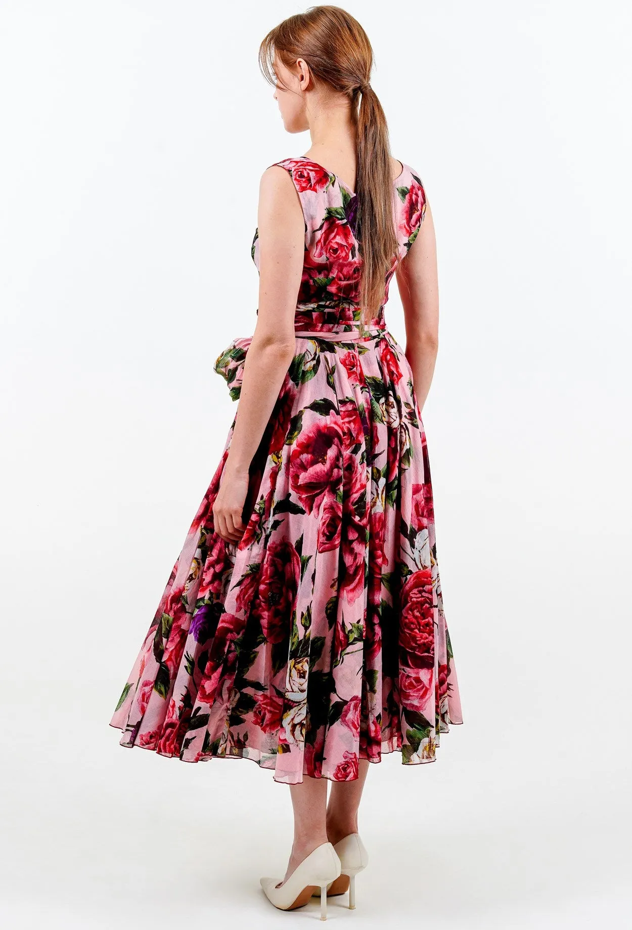 Aster Dress Boat Neck Sleeveless Midi Length Cotton Musola (Peony Kimono All Over)