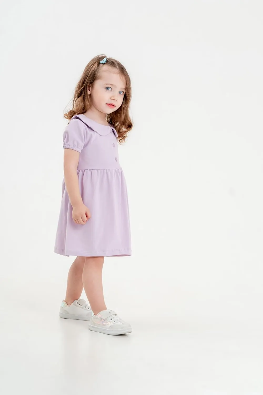 Baby and Toddler Girl Dress Short Sleeve Buttoned Collar for 3 Months to 5T Size Soft Cotton Baby Girl Dress