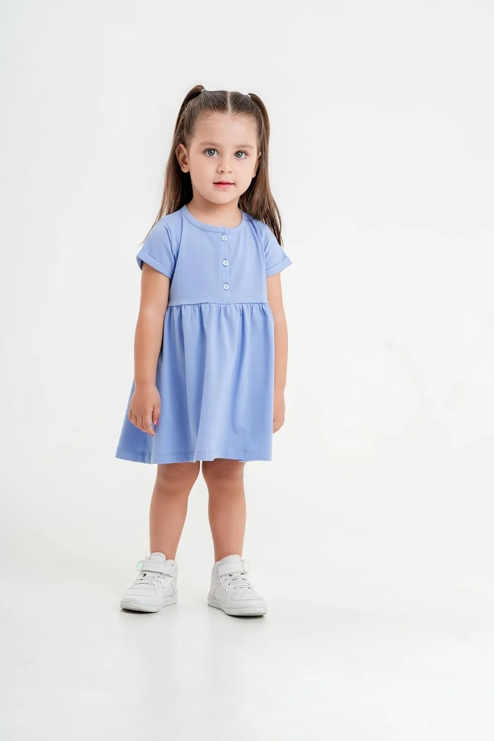 Baby and Toddler Girl Dress Short Sleeve Buttoned Collar for 3 Months to 5T Size Soft Cotton Baby Girl Dress