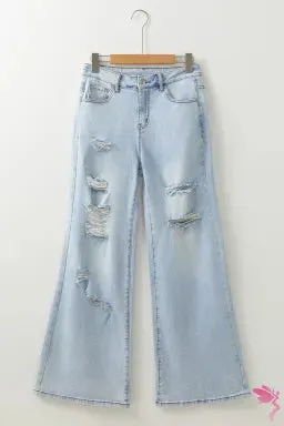 Beau Blue Light Wash Distressed High Waist Wide Leg Jeans