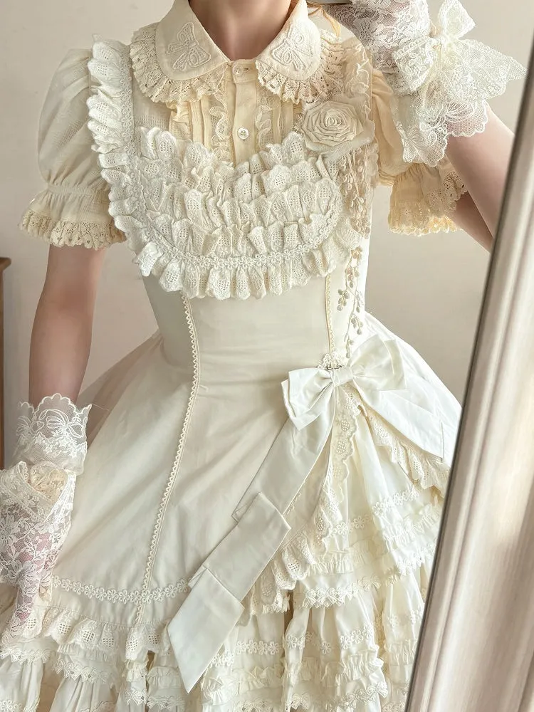 Beige Elegant Slim Fit Waist Tiered Skirt Lolita Jumper Skirt