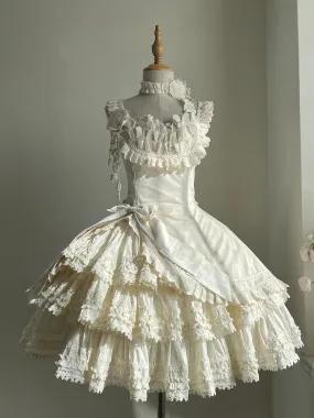 Beige Elegant Slim Fit Waist Tiered Skirt Lolita Jumper Skirt