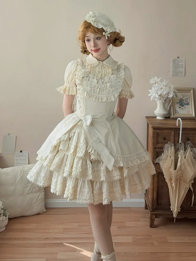 Beige Elegant Slim Fit Waist Tiered Skirt Lolita Jumper Skirt