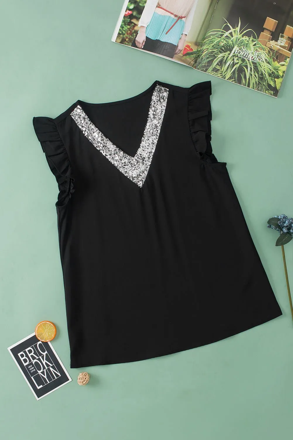 Black Sequin Splicing V Neck Flutter Sleeve Blouse - Chic Style