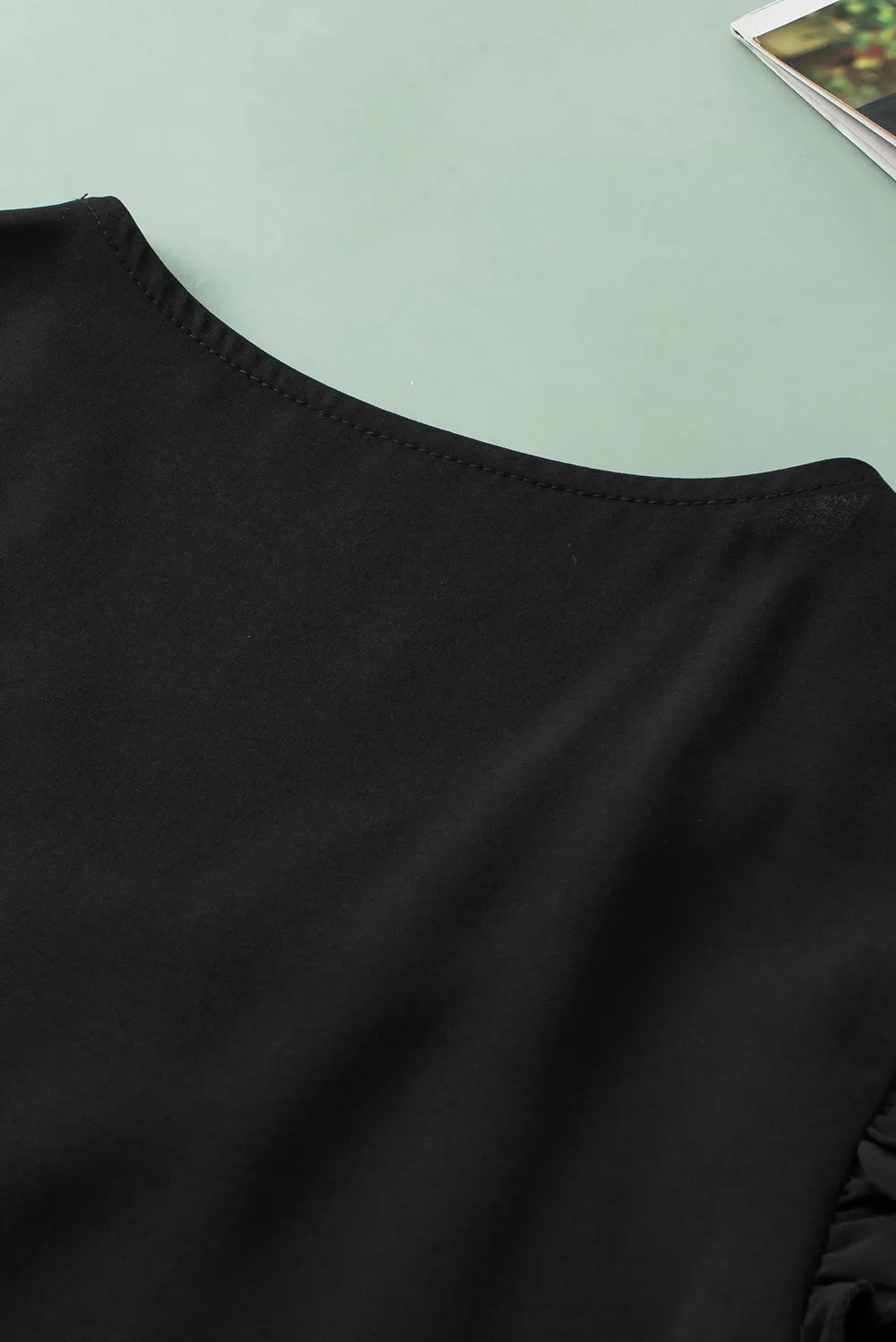 Black Sequin Splicing V Neck Flutter Sleeve Blouse - Chic Style