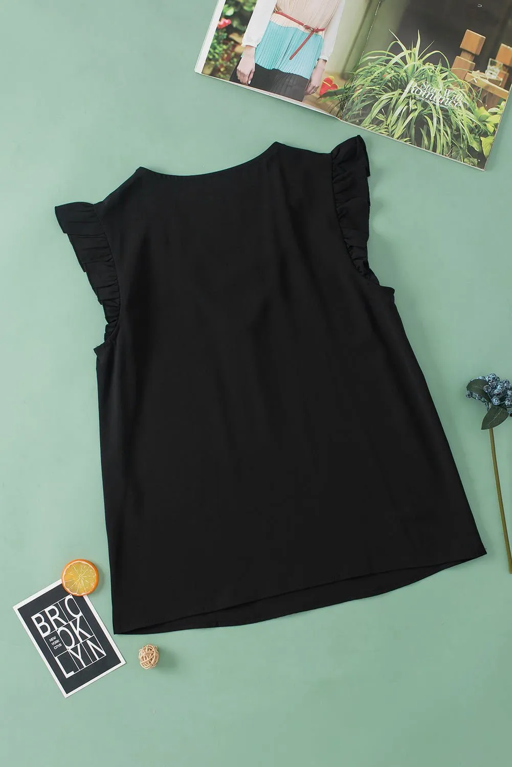 Black Sequin Splicing V Neck Flutter Sleeve Blouse - Chic Style
