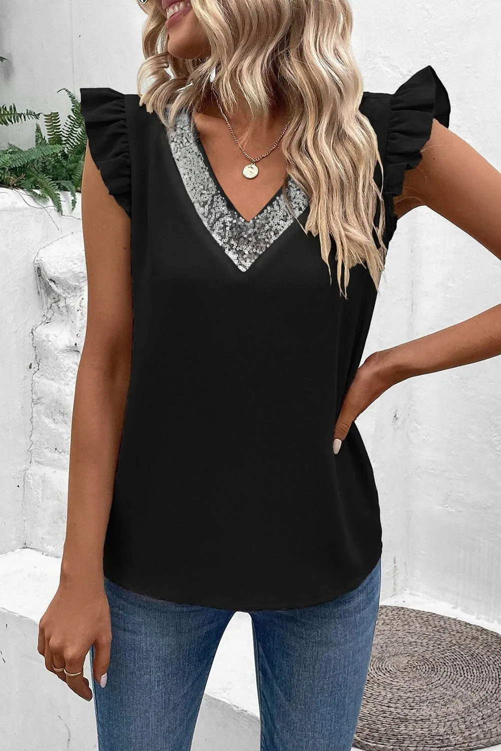Black Sequin Splicing V Neck Flutter Sleeve Blouse - Chic Style