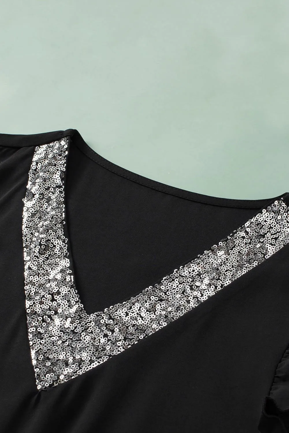 Black Sequin Splicing V Neck Flutter Sleeve Blouse - Chic Style