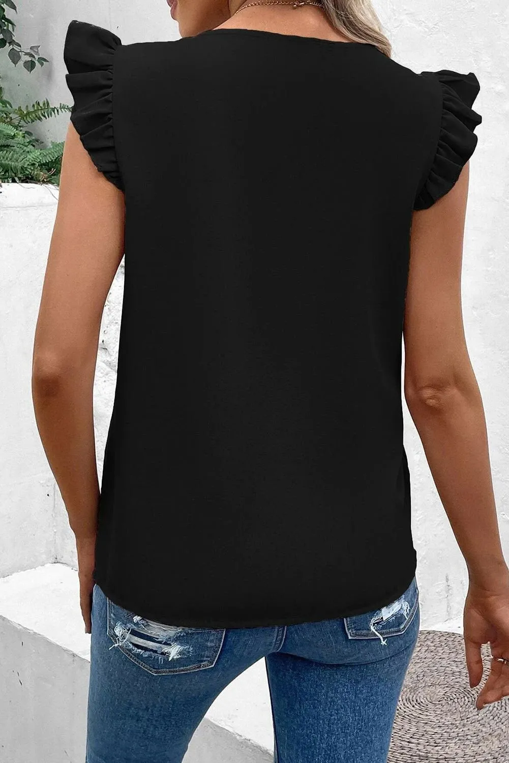 Black Sequin Splicing V Neck Flutter Sleeve Blouse - Chic Style