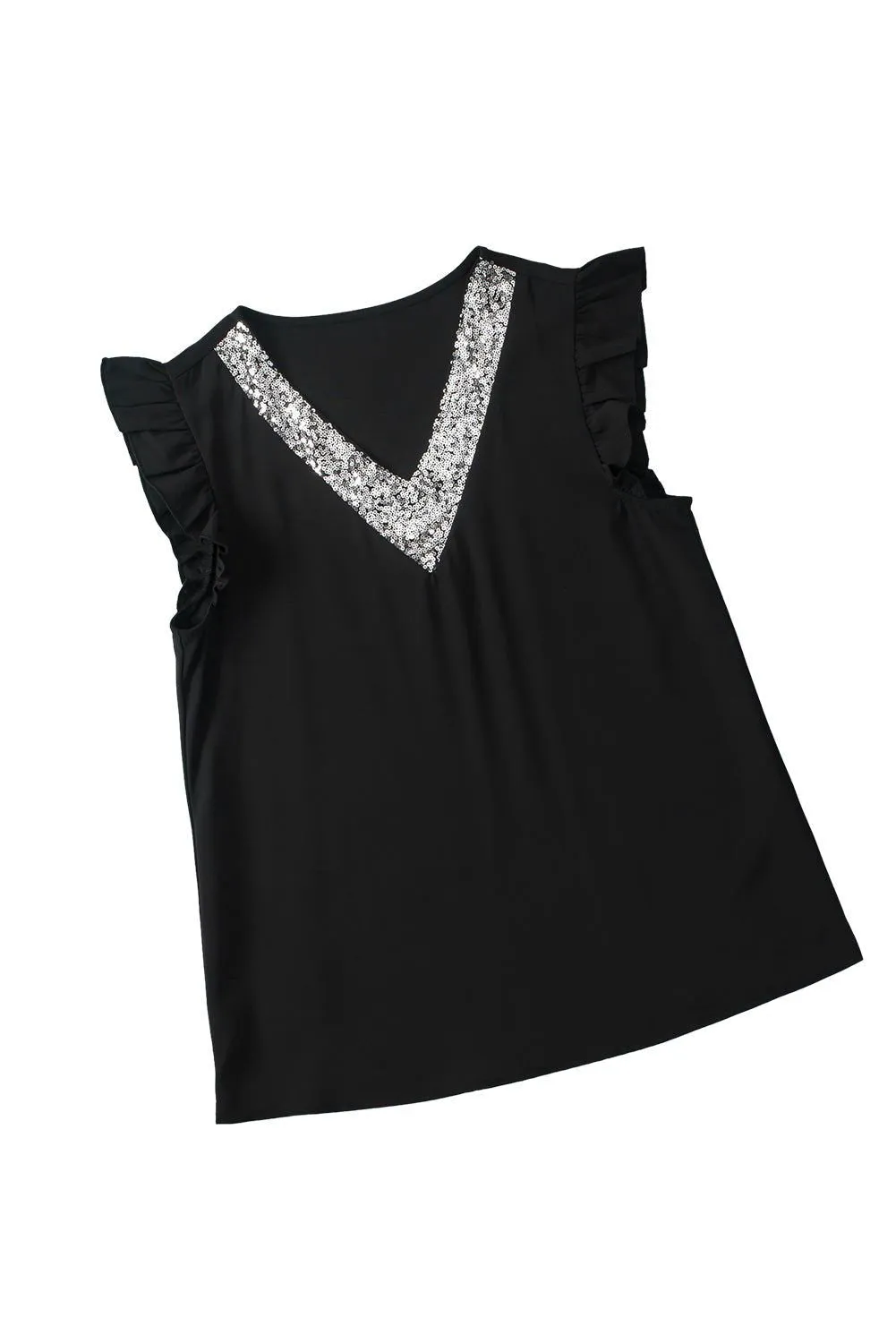 Black Sequin Splicing V Neck Flutter Sleeve Blouse - Chic Style