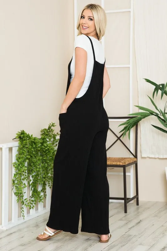 Black Sleeveless Wide Leg Premium Cotton Rib Overalls