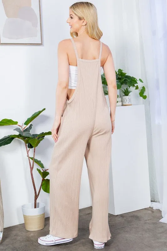 Black Sleeveless Wide Leg Premium Cotton Rib Overalls