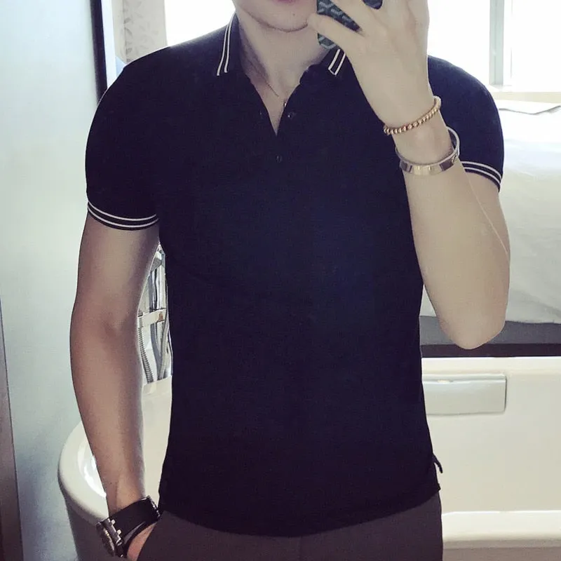 Black White Solid Color Korean Slim Fit Style Men Polo Shirt