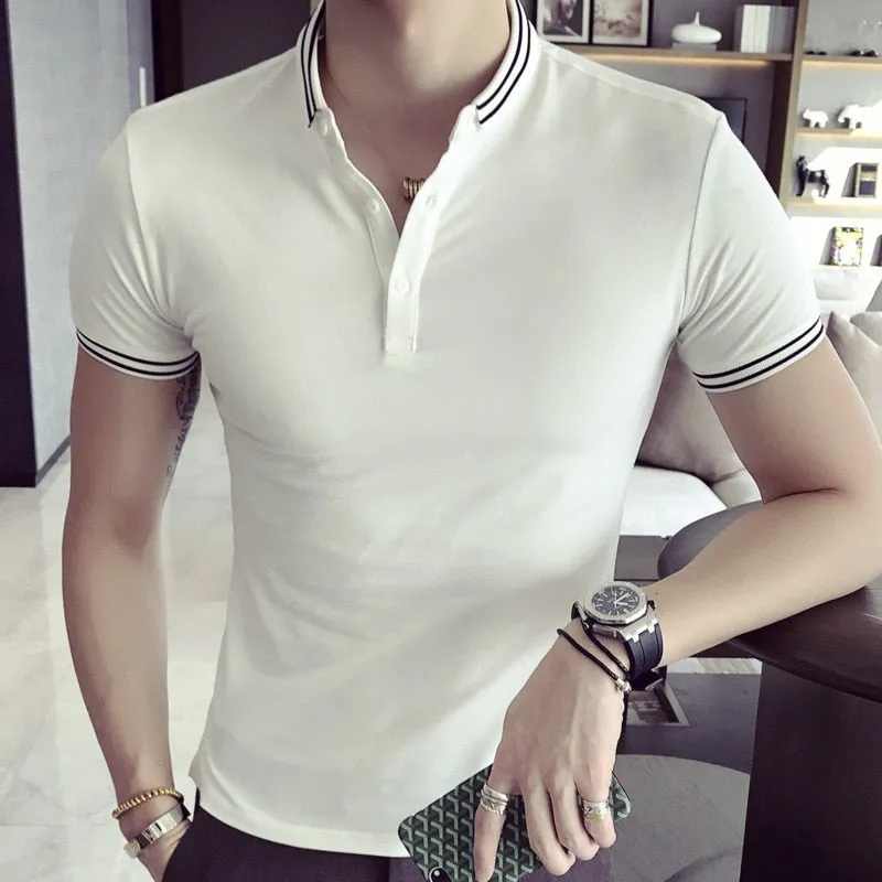 Black White Solid Color Korean Slim Fit Style Men Polo Shirt