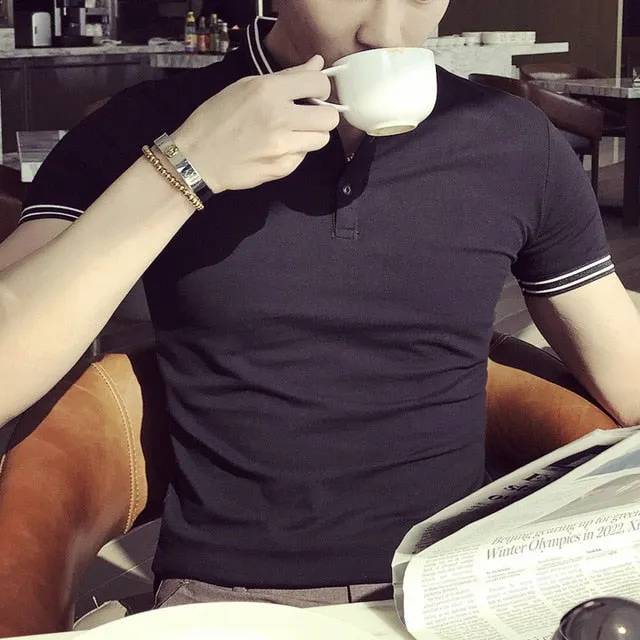 Black White Solid Color Korean Slim Fit Style Men Polo Shirt