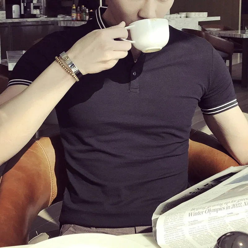 Black White Solid Color Korean Slim Fit Style Men Polo Shirt