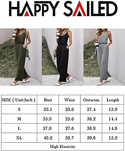 Blue Sleeveless Women's Casual Sleeveless Front Button Loose Jumpsuits Stretchy Long Pants Romper with Pockets - Happy Sailed