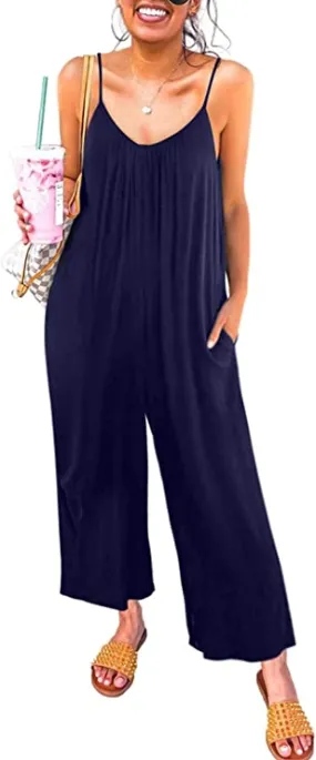 Blue Sleeveless Women's Casual Sleeveless Front Button Loose Jumpsuits Stretchy Long Pants Romper with Pockets - Happy Sailed