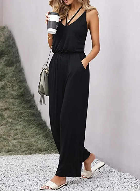 Blue Sleeveless Women's Casual Sleeveless Front Button Loose Jumpsuits Stretchy Long Pants Romper with Pockets - Happy Sailed