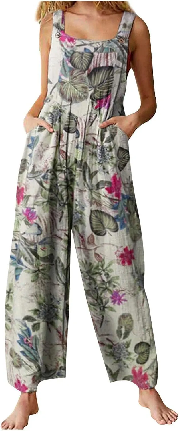 Boho Jumpsuit for Women Cotton Linen Overalls 2025 Summer Patchwork Print Wide Leg Plus Size Rompers with Pockets