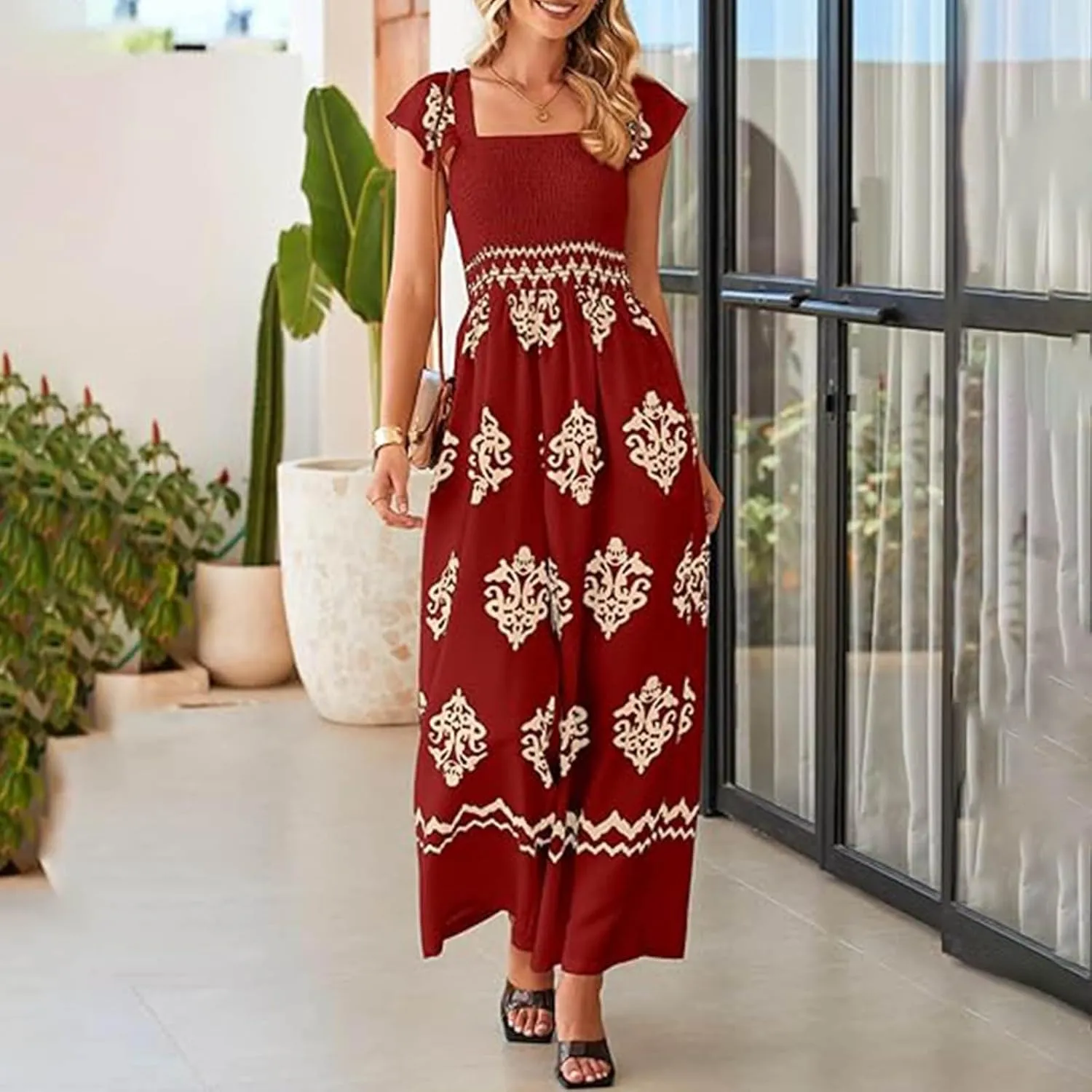 Boho Overalls for Women Wide Leg Floral Jumpsuits Square Neck Cap Sleeve Smocked Jumpsuit Summer Vacation Outfits Pockets