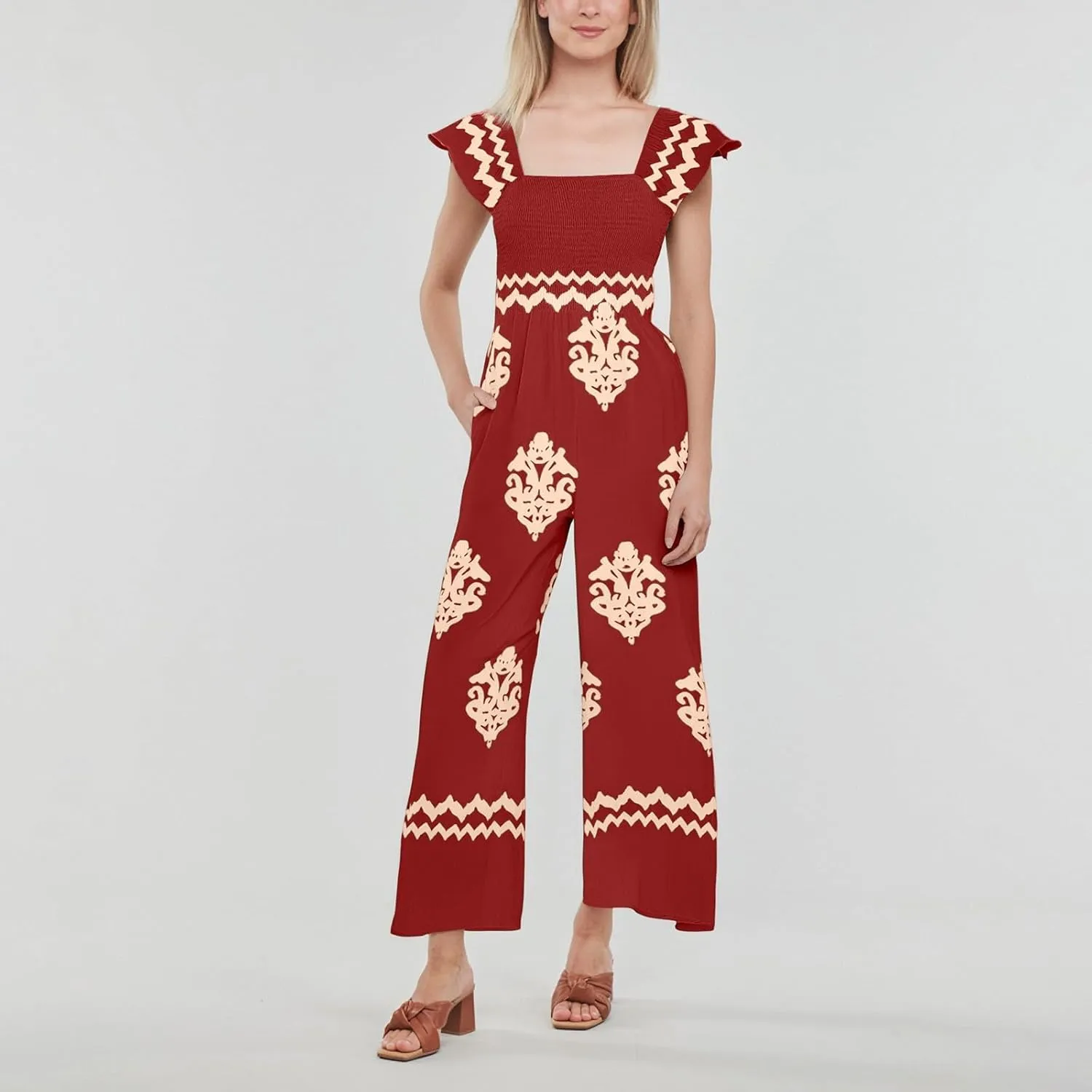 Boho Overalls for Women Wide Leg Floral Jumpsuits Square Neck Cap Sleeve Smocked Jumpsuit Summer Vacation Outfits Pockets