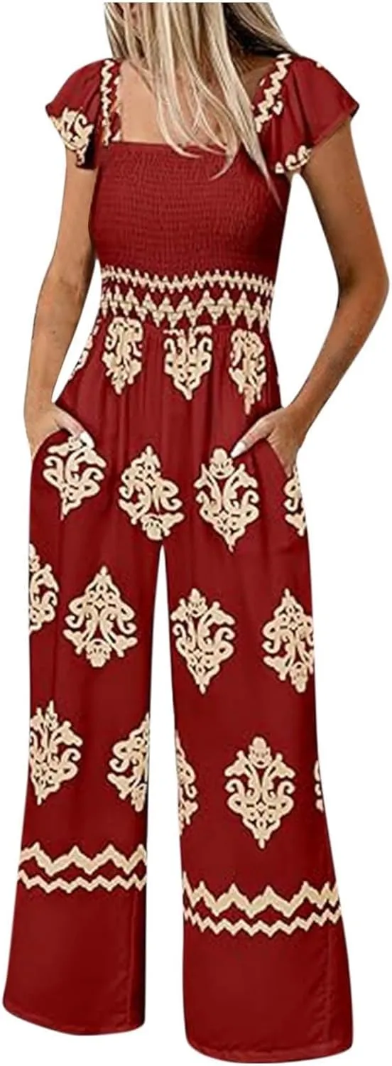 Boho Overalls for Women Wide Leg Floral Jumpsuits Square Neck Cap Sleeve Smocked Jumpsuit Summer Vacation Outfits Pockets