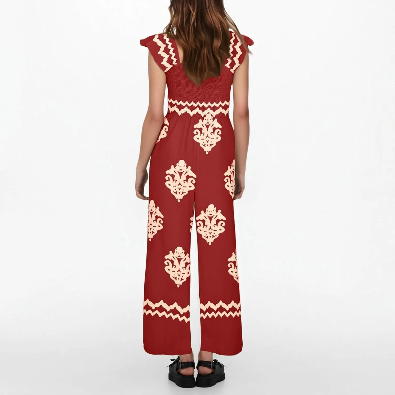 Boho Overalls for Women Wide Leg Floral Jumpsuits Square Neck Cap Sleeve Smocked Jumpsuit Summer Vacation Outfits Pockets