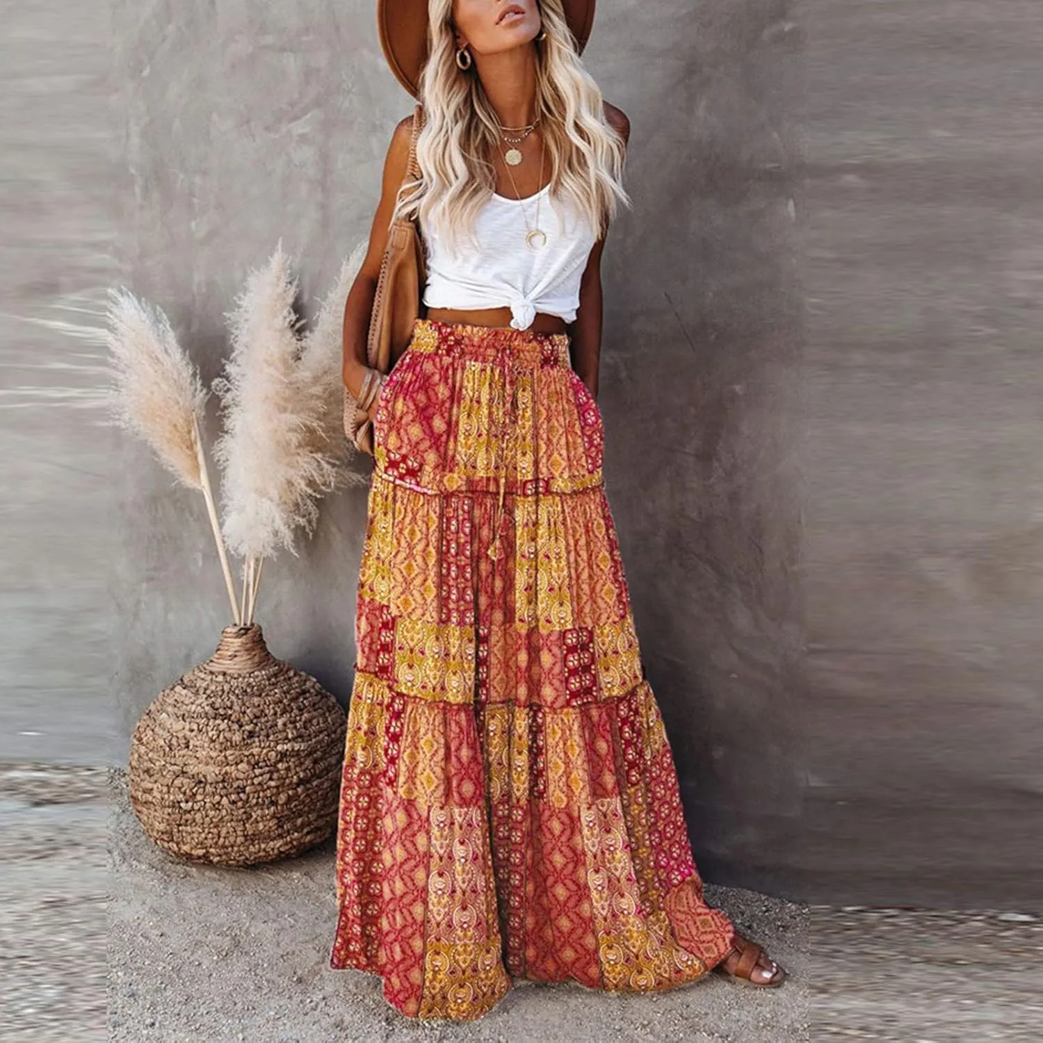 Boho Skirts for Women, Beach Maxi Casual Summer Trendy Flowy Womens Skirts