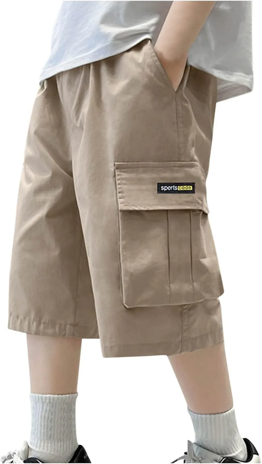 Boy's Baggy Cargo Shorts Straight Wide Leg Cool Pants for Teen with 4 Pockets Trendy Letter Patched Loose Trousers