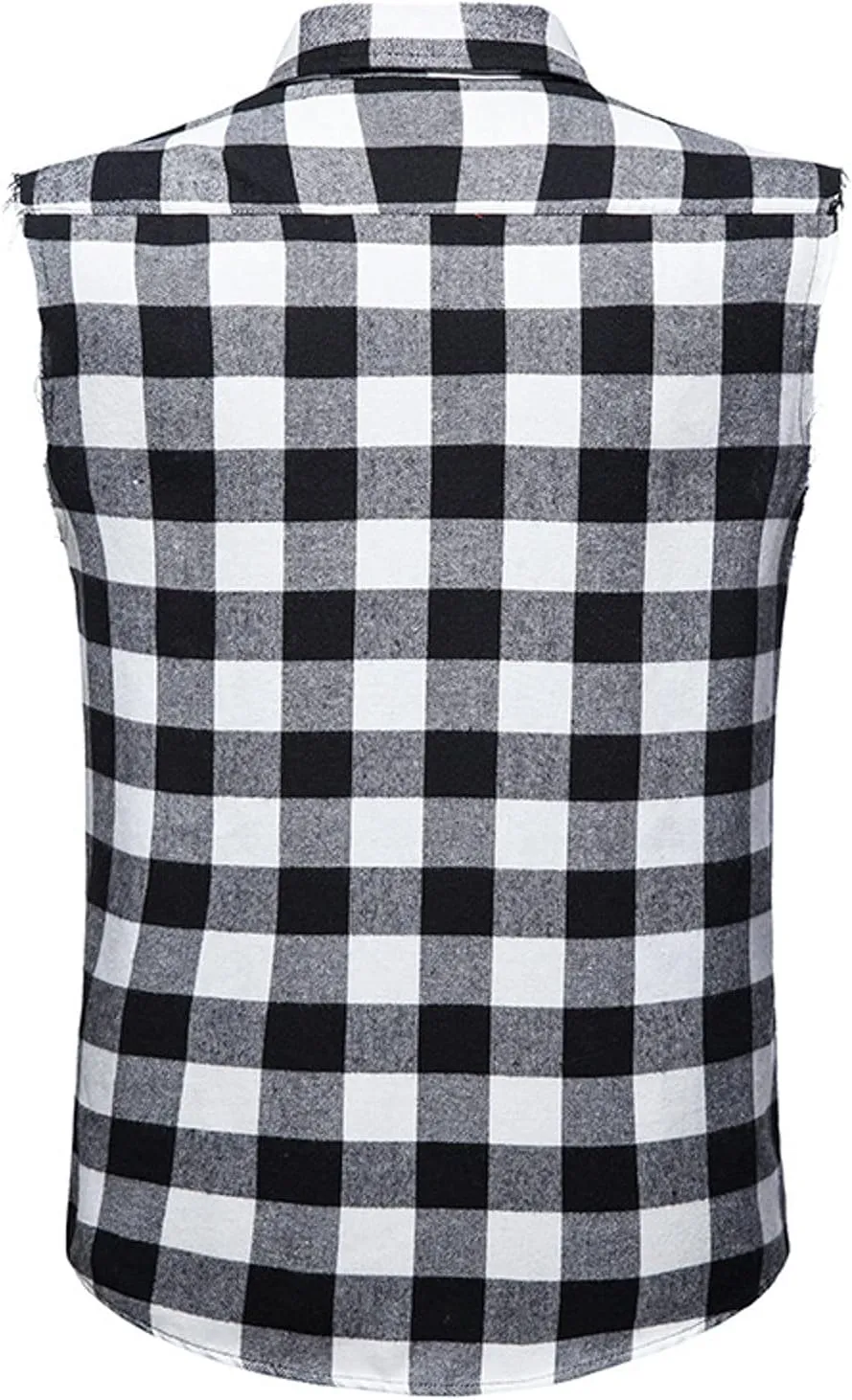 Burband Men's Muscle Cut Off Shirts Slim Fit Button Down Vests Vintage Cowboy Plaid Sleeveless Tops Flannel Shirts