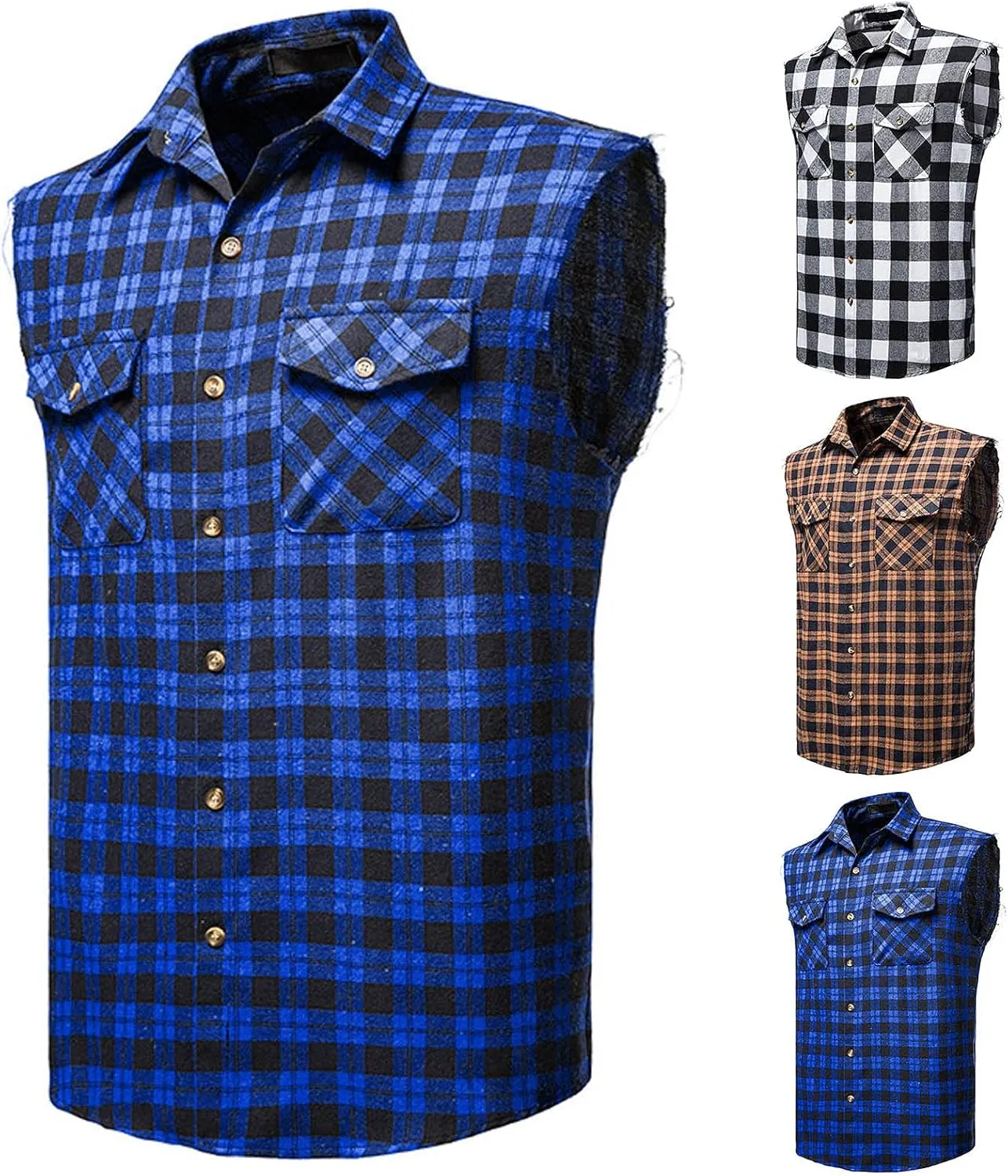 Burband Men's Muscle Cut Off Shirts Slim Fit Button Down Vests Vintage Cowboy Plaid Sleeveless Tops Flannel Shirts
