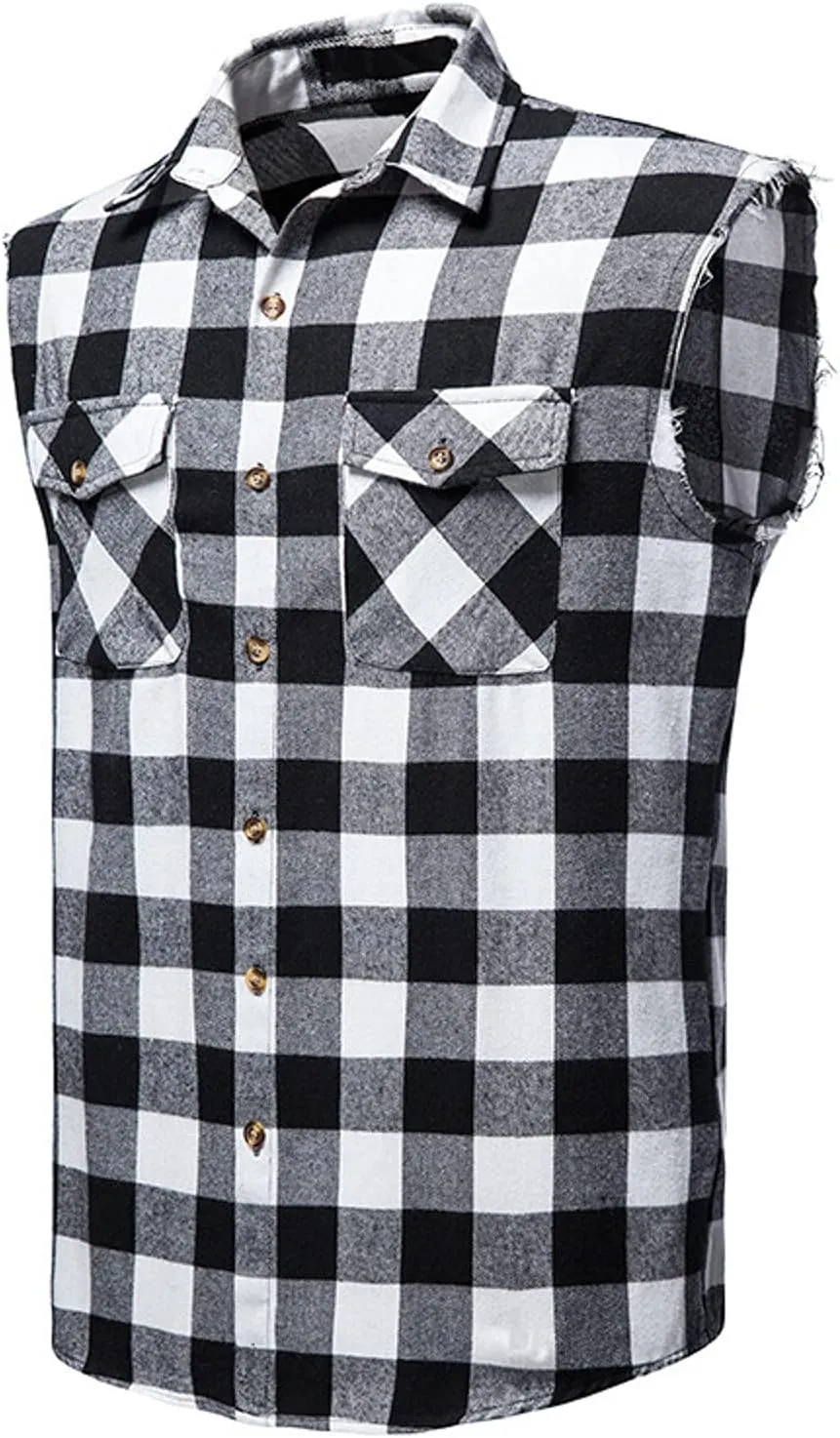 Burband Men's Muscle Cut Off Shirts Slim Fit Button Down Vests Vintage Cowboy Plaid Sleeveless Tops Flannel Shirts