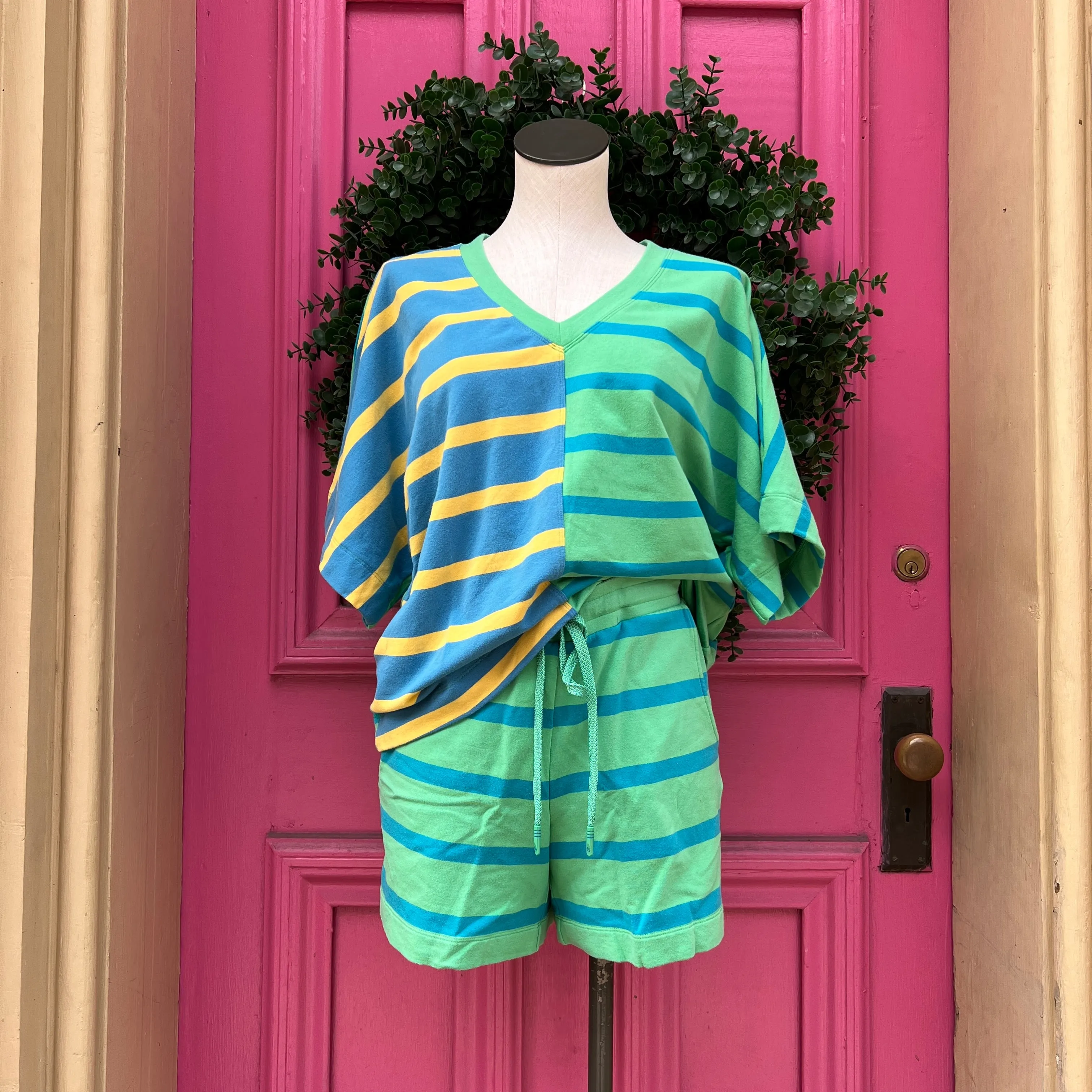 Cabi green, blue, and yellow striped lounge set size S